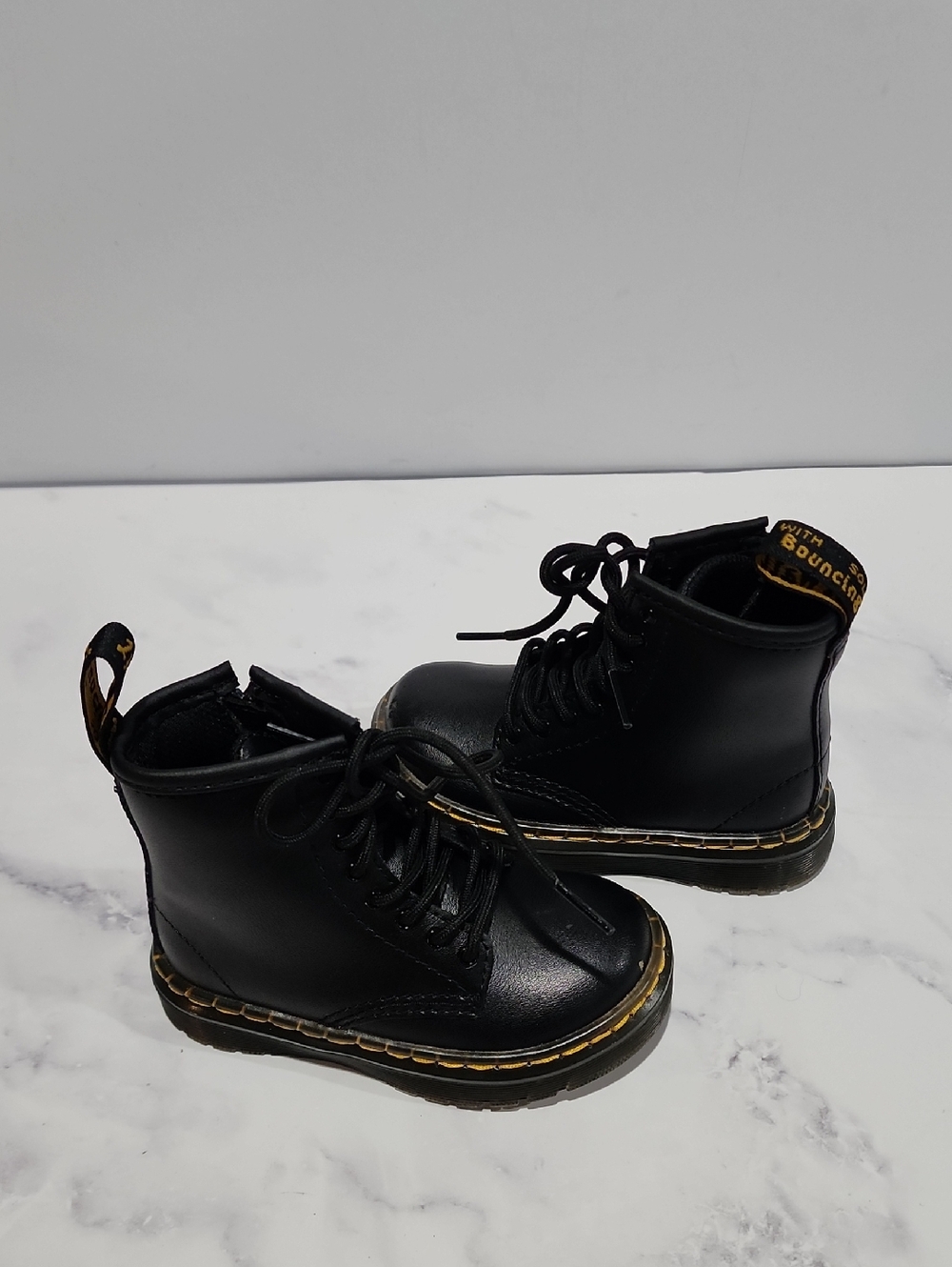 Dr Martens Black Lace-Up Combat Boots with Yellow Stitching